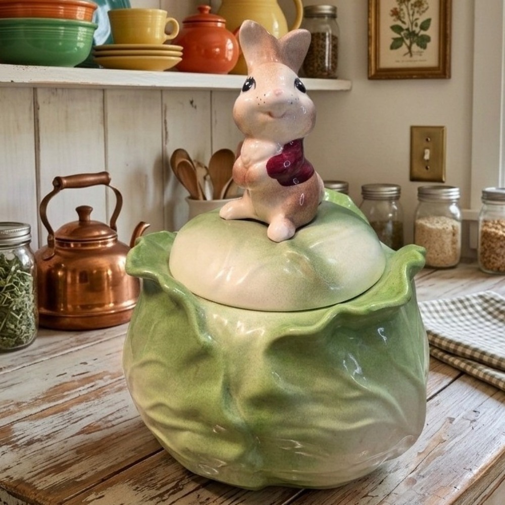 Vintage Metlox Poppytrail Cookie Jar‎ Bunny Rabbit Lid Green Cream Cottagecore